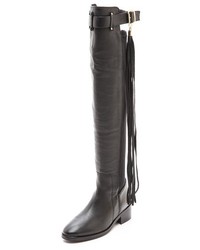 Black Fringe Leather Knee High Boots