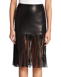 Black Fringe Leather Midi Skirt