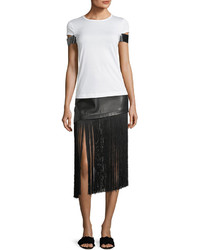 Helmut Lang A Line Leather Mini Skirt With Long Fringe Hem