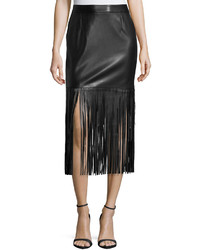 Neiman Marcus Faux Leather Long Fringe Skirt Black