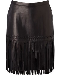 L'Agence Black Leather Fringed Mini Skirt
