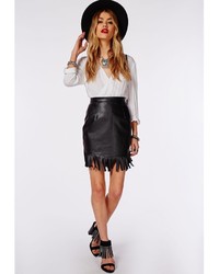 Missguided Fringing Detail Faux Leather Mini Skirt Black