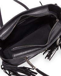 Saint Laurent Monogram Fringe Leather Shopping Tote Bag Black