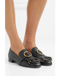 Chloé Olly Fringed Embellished Textured Leather Loafers Black