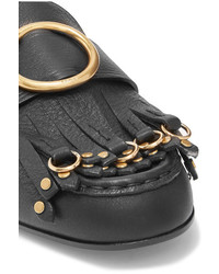 Chloé Olly Fringed Embellished Textured Leather Loafers Black