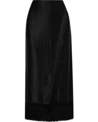 Black Fringe Satin Midi Skirt