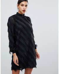Y.a.s Fringe Stripe High Neck Mini Dress In Black