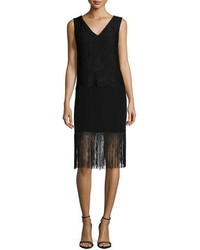 Nicole Miller Sleeveless Lace Top Cocktail Dress With Fringe