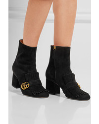 Gucci Fringed Logo Embellished Suede Ankle Boots Black