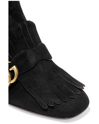 Gucci Fringed Logo Embellished Suede Ankle Boots Black