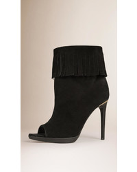 Burberry Fringed Suede Peep Toe Ankle Boots