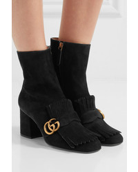 Gucci Marmont Fringed Logo Embellished Suede Ankle Boots Black