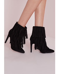 Missguided Fringed Trim Heeled Ankle Boots Black