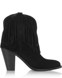 Saint Laurent New Western Fringed Suede Ankle Boots Black