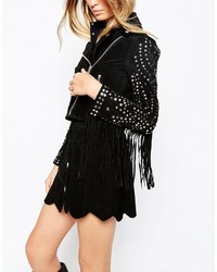 Asos Collection Biker In Suede With Fringe And Stud Detail