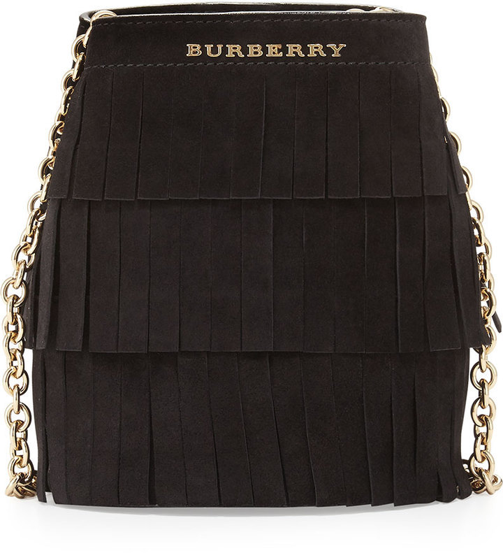 Burberry Fringed Suede Baby Bucket Bag Black, $397 | Neiman Marcus |  Lookastic