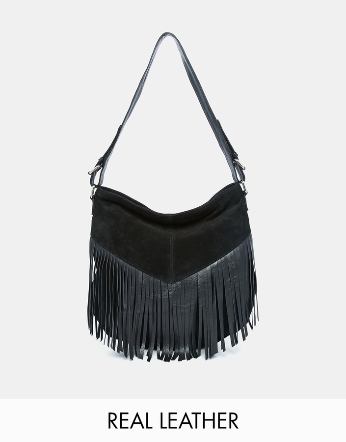 black fringe shoulder bag