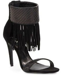 Schutz Tekinha Woven Leather Suede Fringed Ankle Cuff Sandals