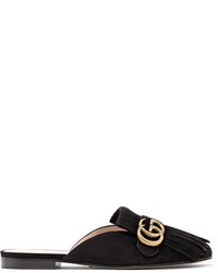 Gucci Marmont Fringed Logo Embellished Suede Slippers Black