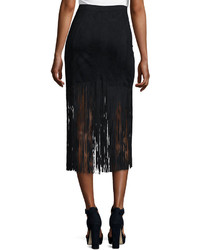 Neiman Marcus Faux Suede Fringed Skirt Black