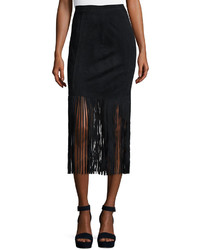 Neiman Marcus Faux Suede Fringed Skirt Black