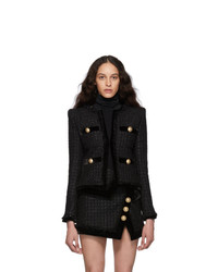 Balmain Black Tweed And Velvet Collarless Fringed Jacket