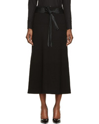 Saint Laurent Black Wool Crpe Fringe Belted Skirt