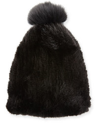 La Fiorentina Mink Fox Fur Pompom Beanie Hat Black