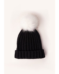 Missguided Contrast Faux Fur Pom Pom Beanie Hat Black