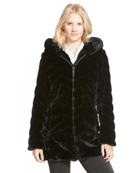 Gallery Hooded Chevron Faux Fur Coat