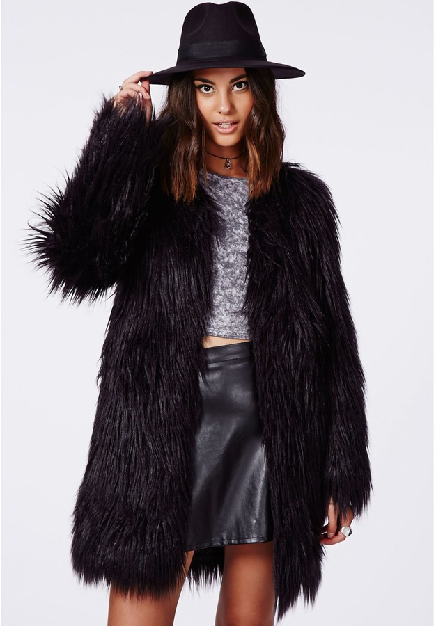 Missguided Cloe Shaggy Faux Fur Coat Black, $99 | Missguided | Lookastic