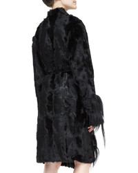 Donna Karan Self Belted Fur Topper Coat Black