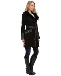 Via Spiga Asymmetrical Belted Wool Coat W Pu Detail And Faux Fur Collar
