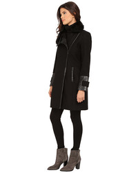 Via Spiga Asymmetrical Coat W Pu Detail And Faux Fur Collar