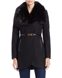 French Connection Belted Faux Fur Collared Coat