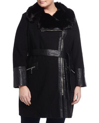 Via Spiga Belted Faux Fur Trim Coat W Faux Leather Detail Black