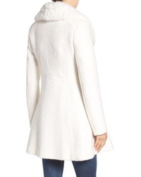 GUESS Boucle Fit Flare Coat With Faux Fur Collar