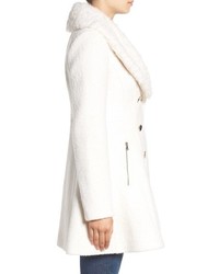 GUESS Boucle Fit Flare Coat With Faux Fur Collar