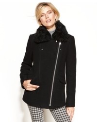 Calvin Klein Wool Blend Faux Fur Collar Asymmetrical Coat
