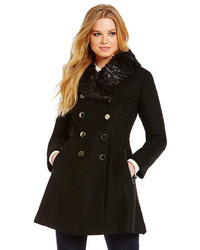 GUESS Double Breasted Fit And Flare Military Coat With Faux Fur Collar