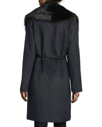 Vera Wang Faux Fur Collar Belted Coat Deep Charcoal