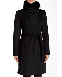 Diane von Furstenberg Faux Fur Collar Belted Wool Blend Coat