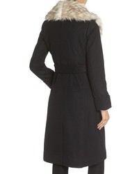 Eliza J Faux Fur Collar Belted Wool Blend Long Coat