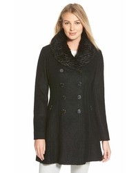 GUESS Faux Fur Collar Double Breasted Boucl Coat