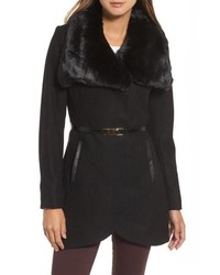 French Connection Faux Fur Collar Wool Blend Coat