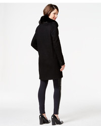 DKNY Faux Fur Collar Wool Blend Walker Coat