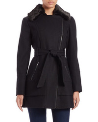 GUESS Faux Fur Collared Belted Coat
