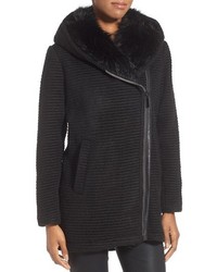 Vince Camuto Faux Fur Trim Grooved Wool Blend Coat