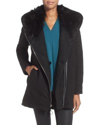 Vince Camuto Faux Fur Trim Grooved Wool Blend Coat
