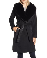 Via Spiga Faux Leather Wool Blend Coat With Faux Fur Collar
